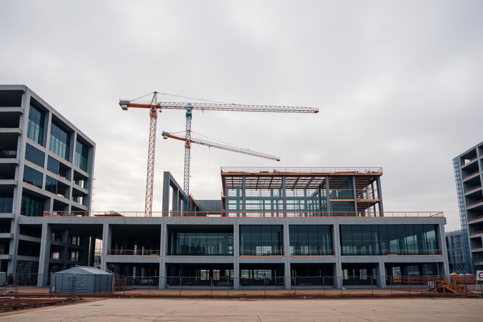 Moderne Baustelle mit Rohbau und Kran